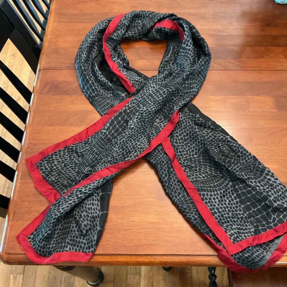 Large Perry Ellis Silk Scarf Wrap Black Red Bordered Career Business